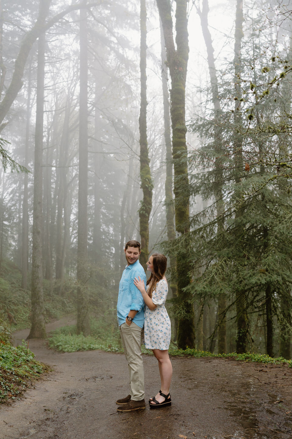 Misty folklore themed engagement photos in Forest Park