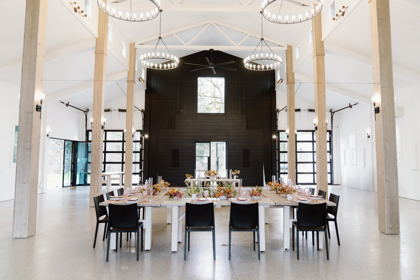 Sage & Social’s white-walled reception barn offers a sleek, modern canvas for any wedding style or color palette.
