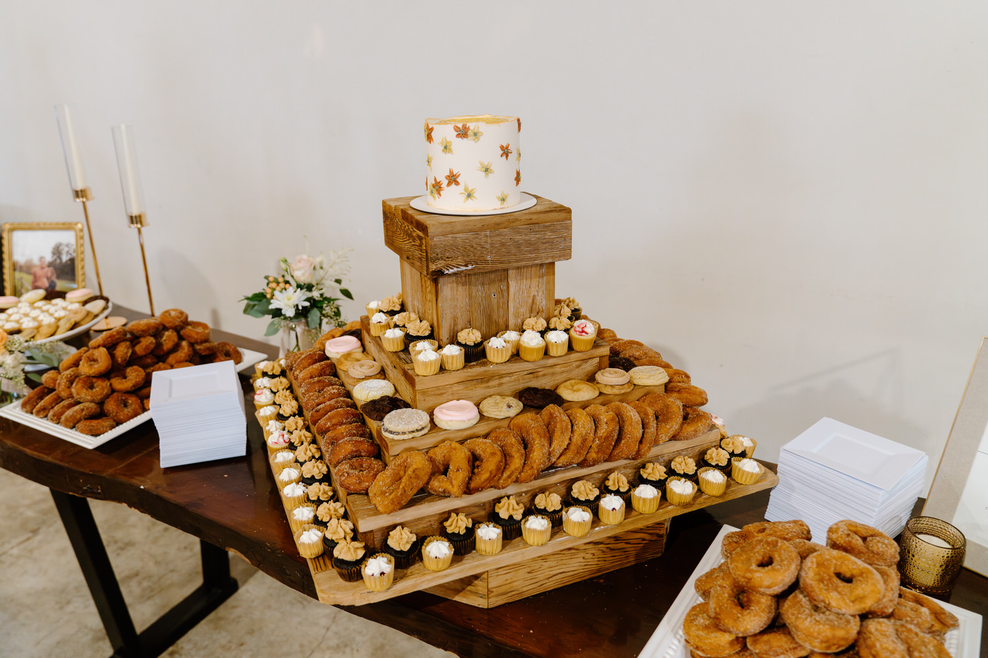 Dessert table for fall indoor wedding.