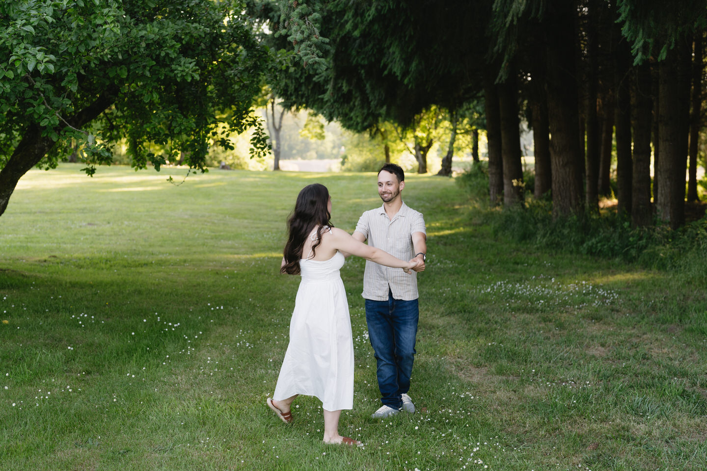 Dancing together just outside the orchard near Portland, Oregon.