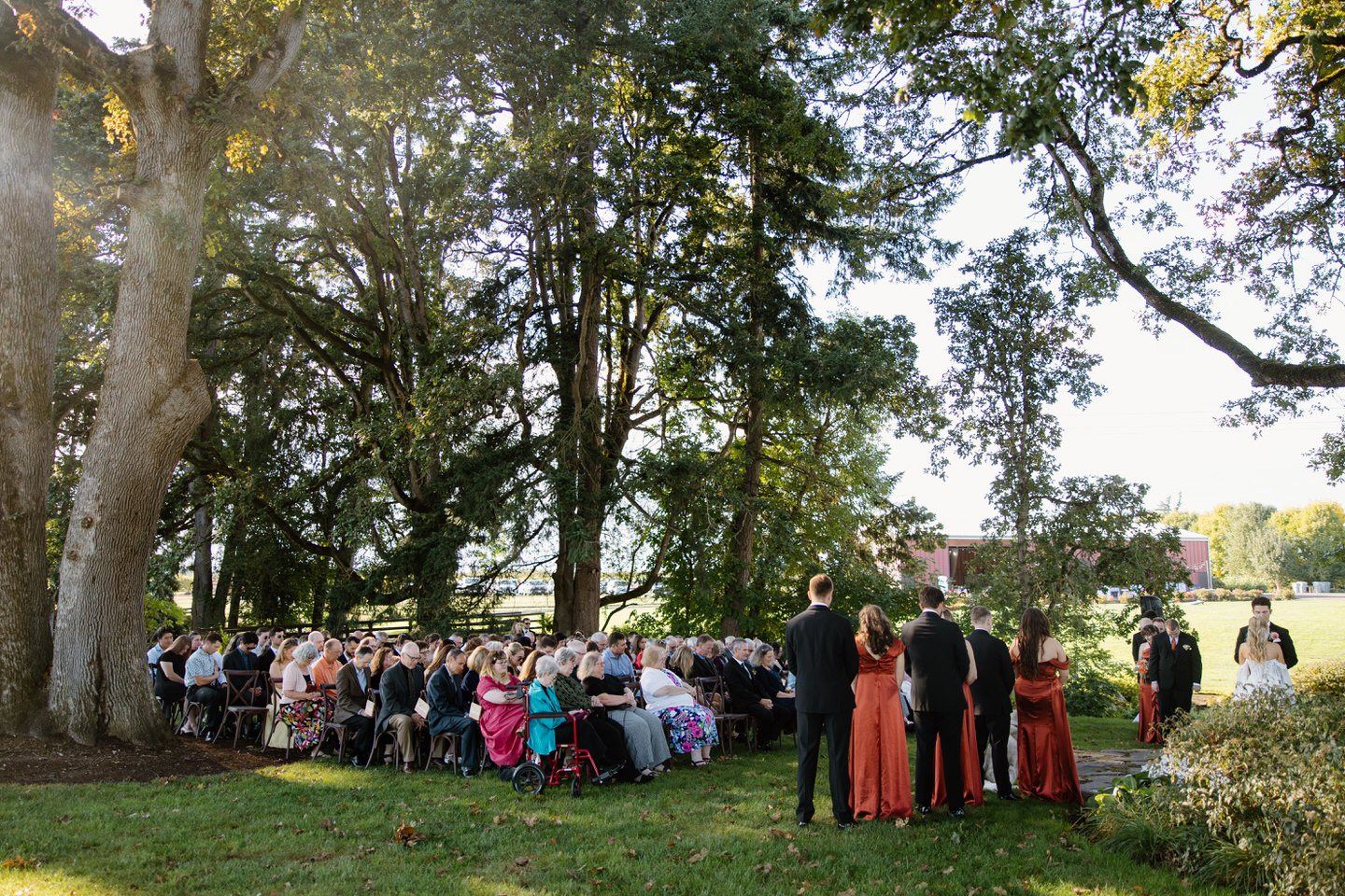 Guests seated, watching the wedding ceremony commence.