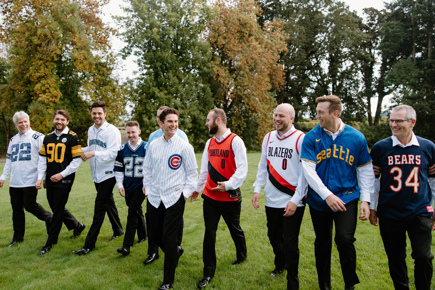 Groomsmen walking together before the wedding at Postlewaits.