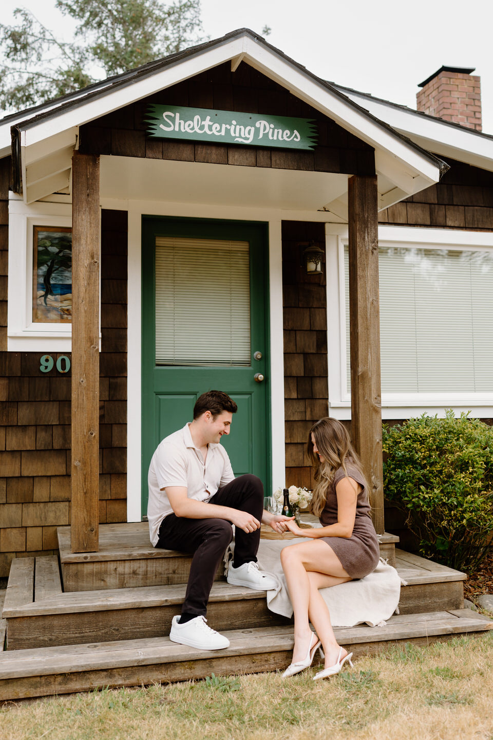 Couple celebrates their engagement at their family's beach house on the Oregon coast.