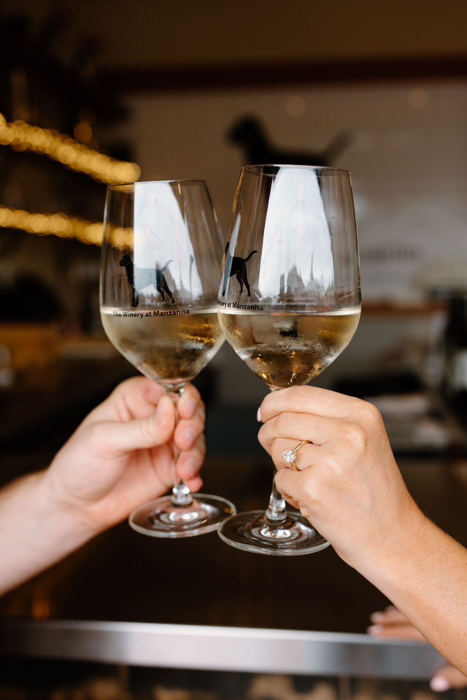 Engaged couple holding Winery at Manzanita wine glasses in front of the bar.