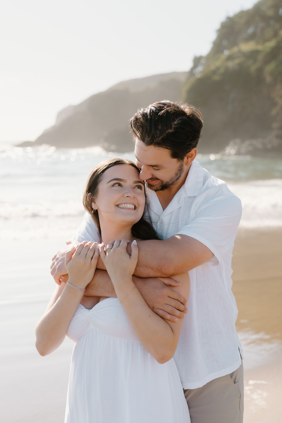 Dreamy lighting on to bride and groom to be.