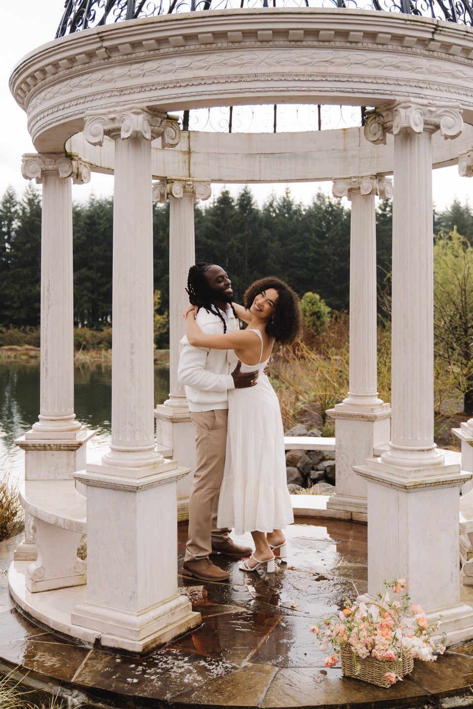 Over-the-shoulder look back as the couple walks together, highlighting movement and natural connection.