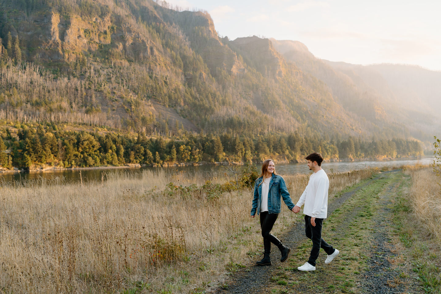 couple walking during columbia gorge photo shoot