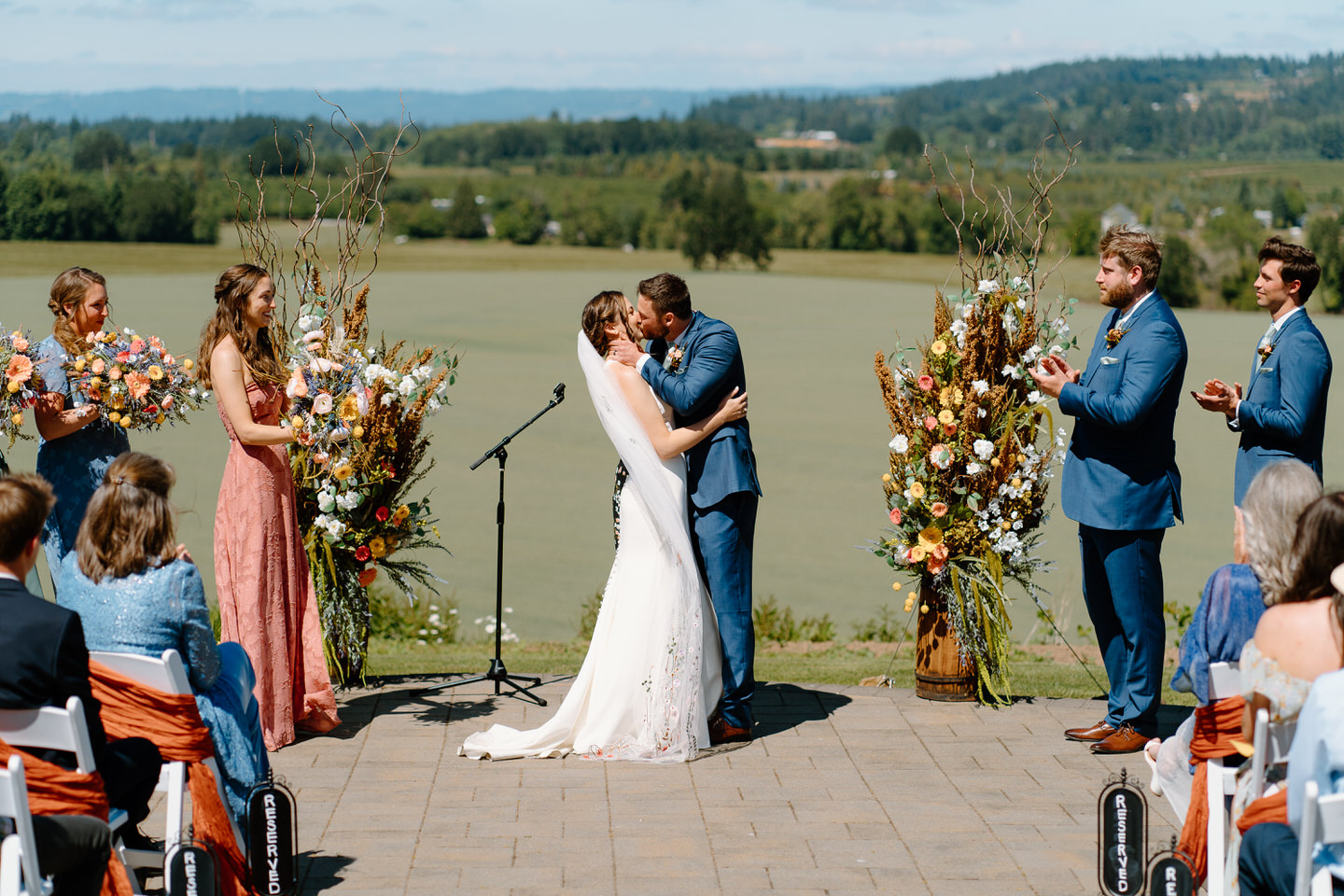 Scholls Valley Lodge patio ceremony first kiss