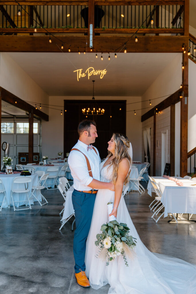 Vancouver barn wedding venue with a neon sign