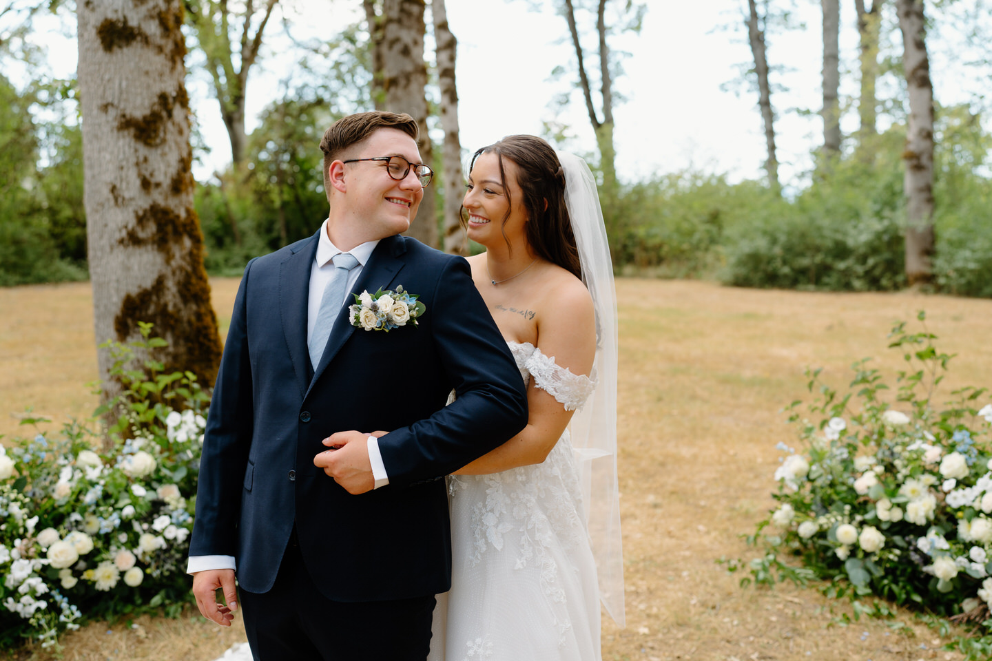 Bride and Groom at The Farm & Orchard Wedding Venue in Corvallis, Oregon in August