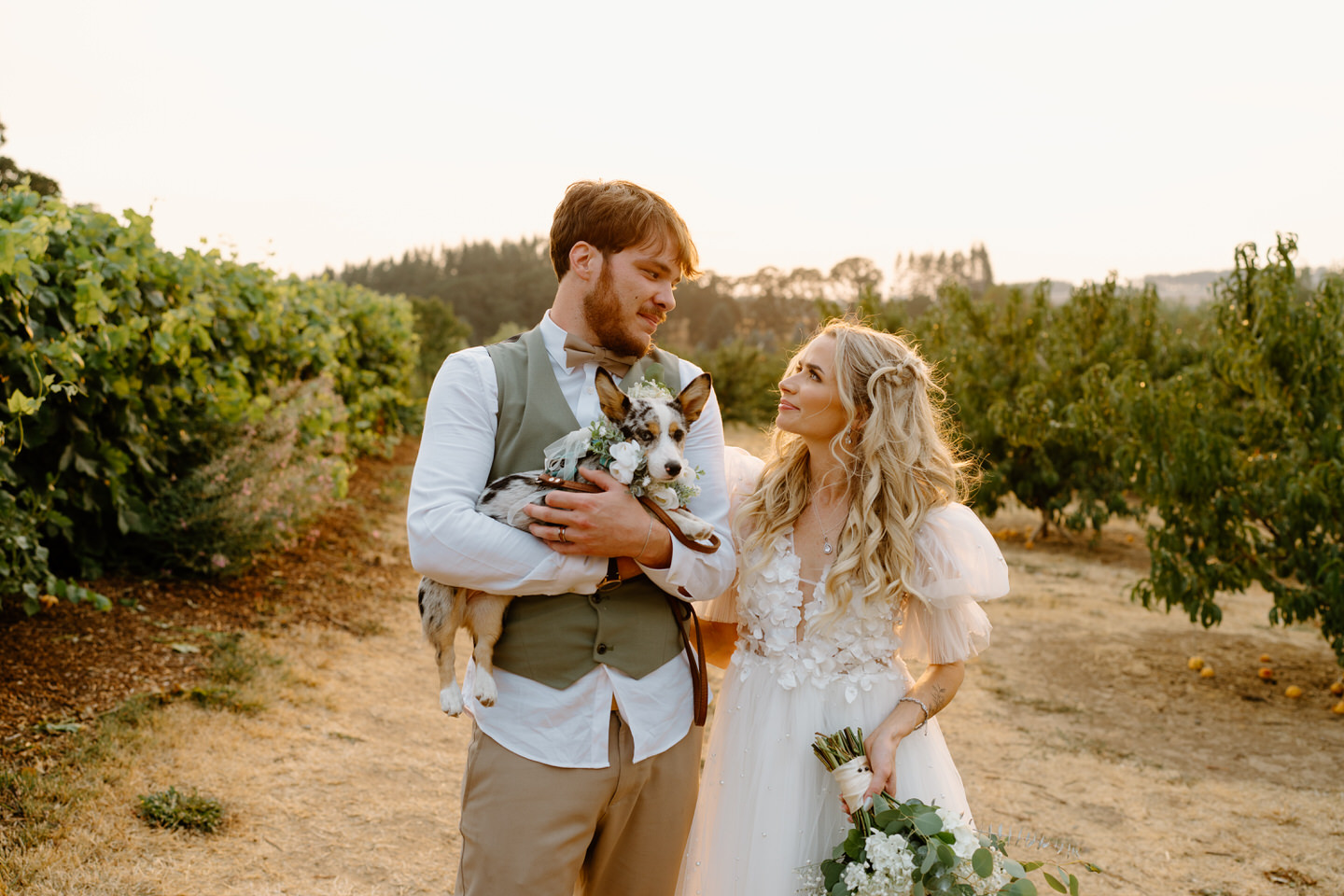bride and groom looking into each other's eyes, holding their corgi, in the orchard