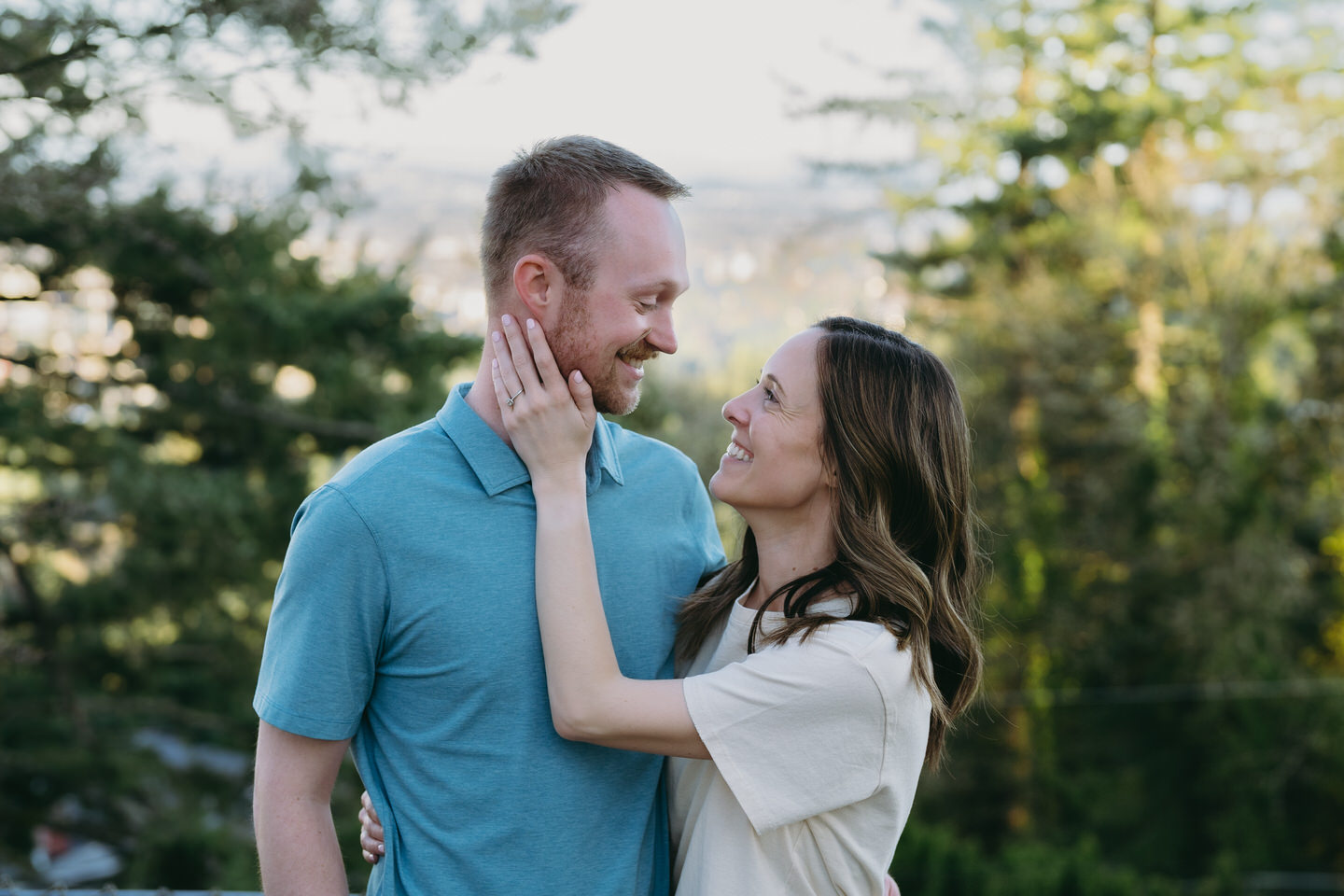 Couple standing together at Pittock Mansion for Portland engagement session