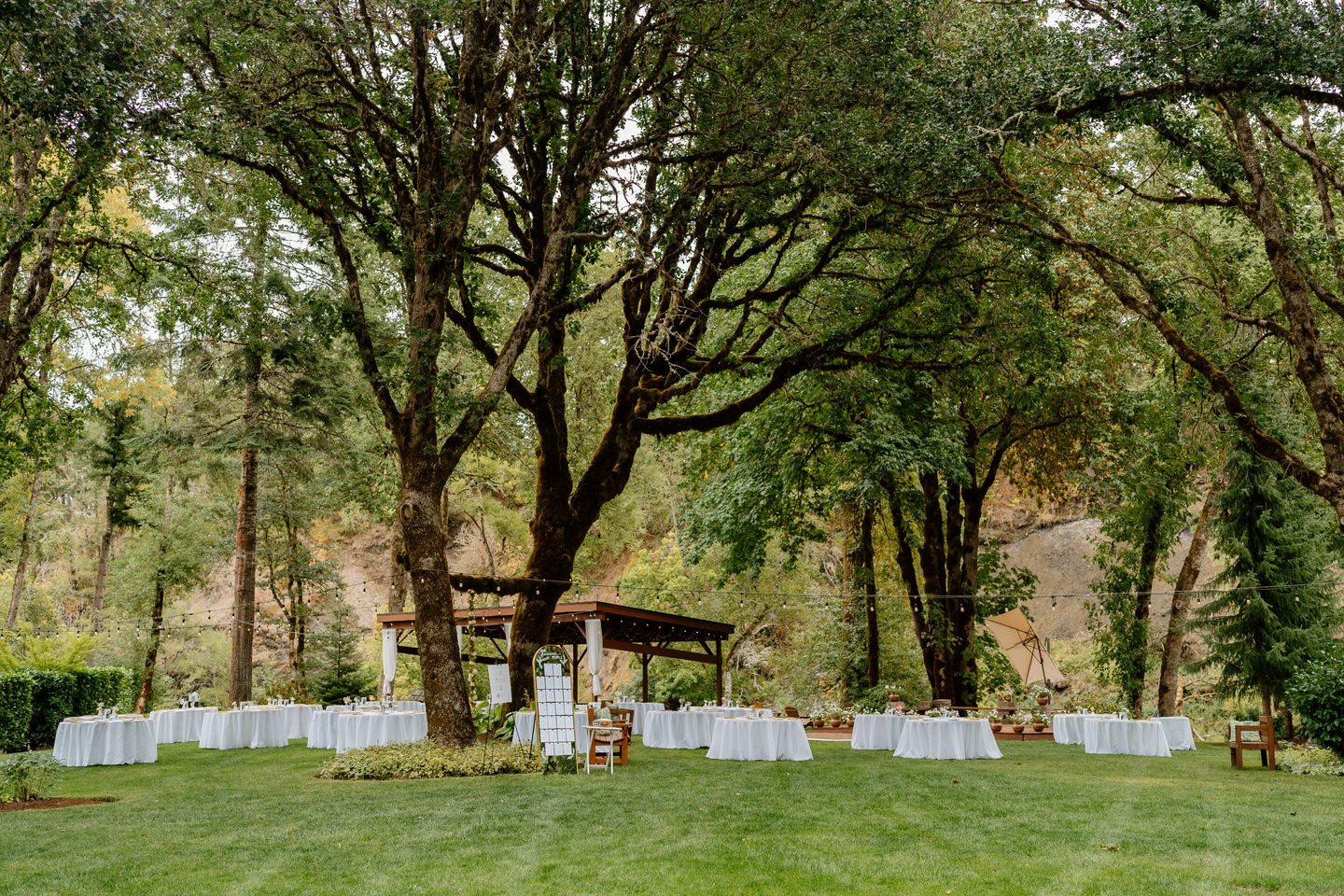 wedding reception under oak trees at navarra gardens