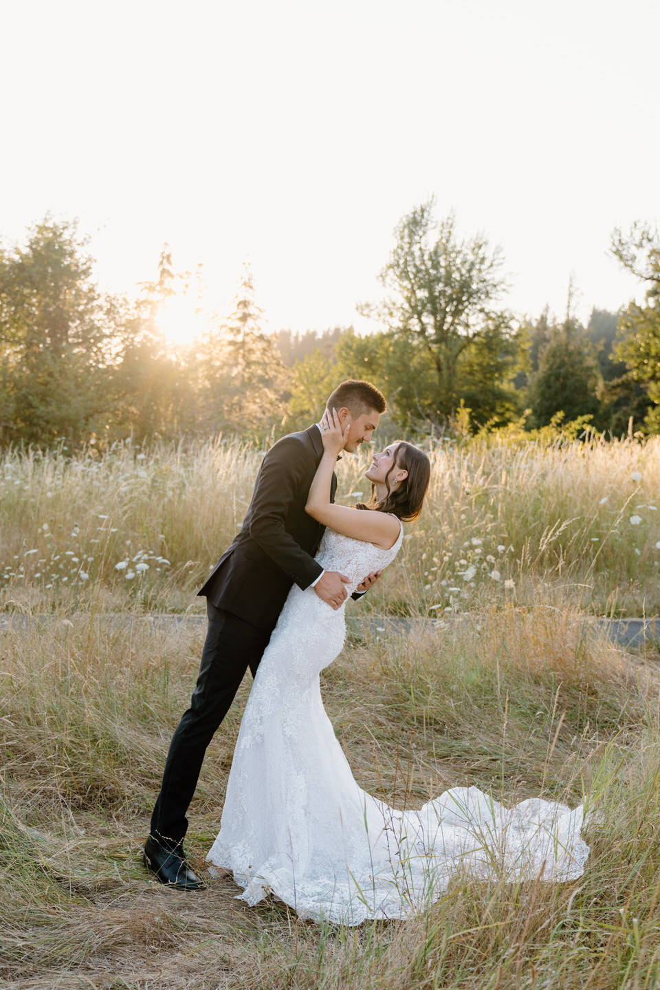 Anniversary photos in wedding attire at Beacon Rock State Park.