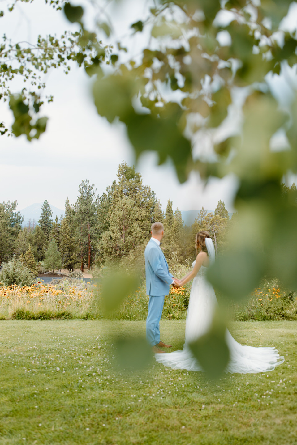 Wedding portraits through aspen trees in Central Oregon.