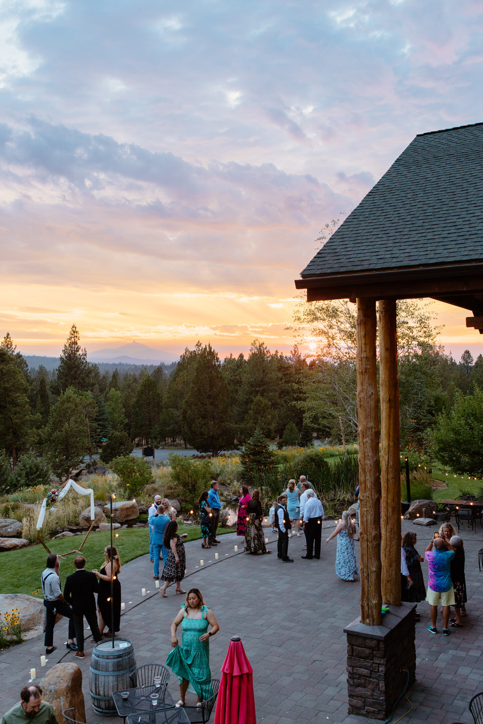 Sun setting over wedding reception at Aspen Lakes Golf Course.