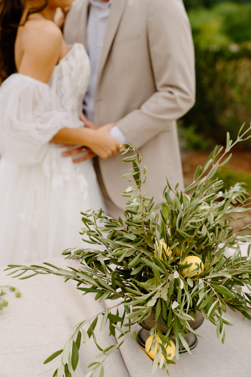 Olive and lemon table decor for European inspired wedding