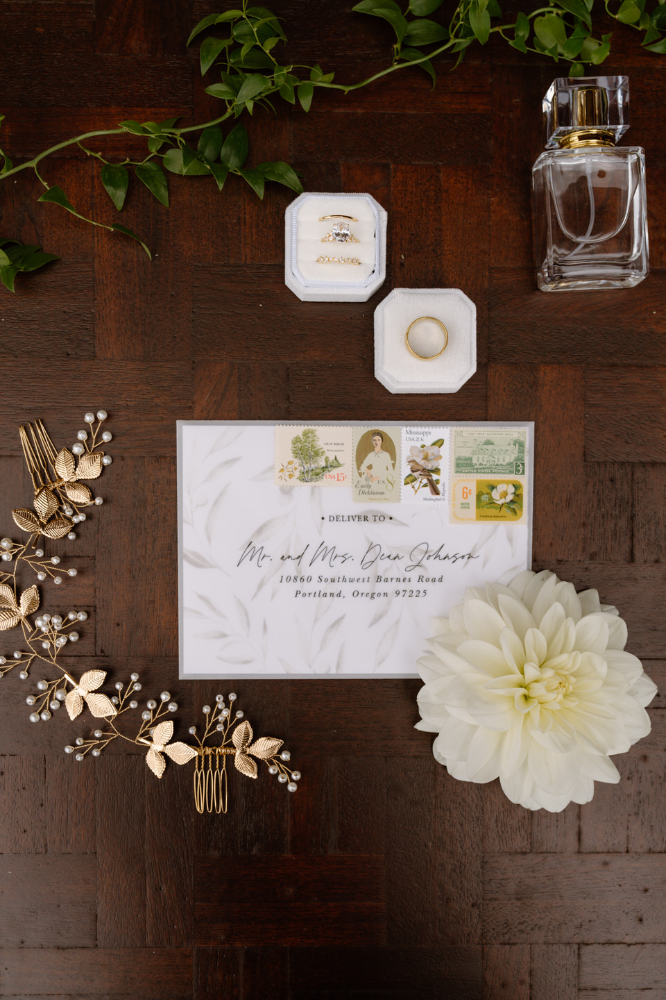 Luxury wedding detail card and rings