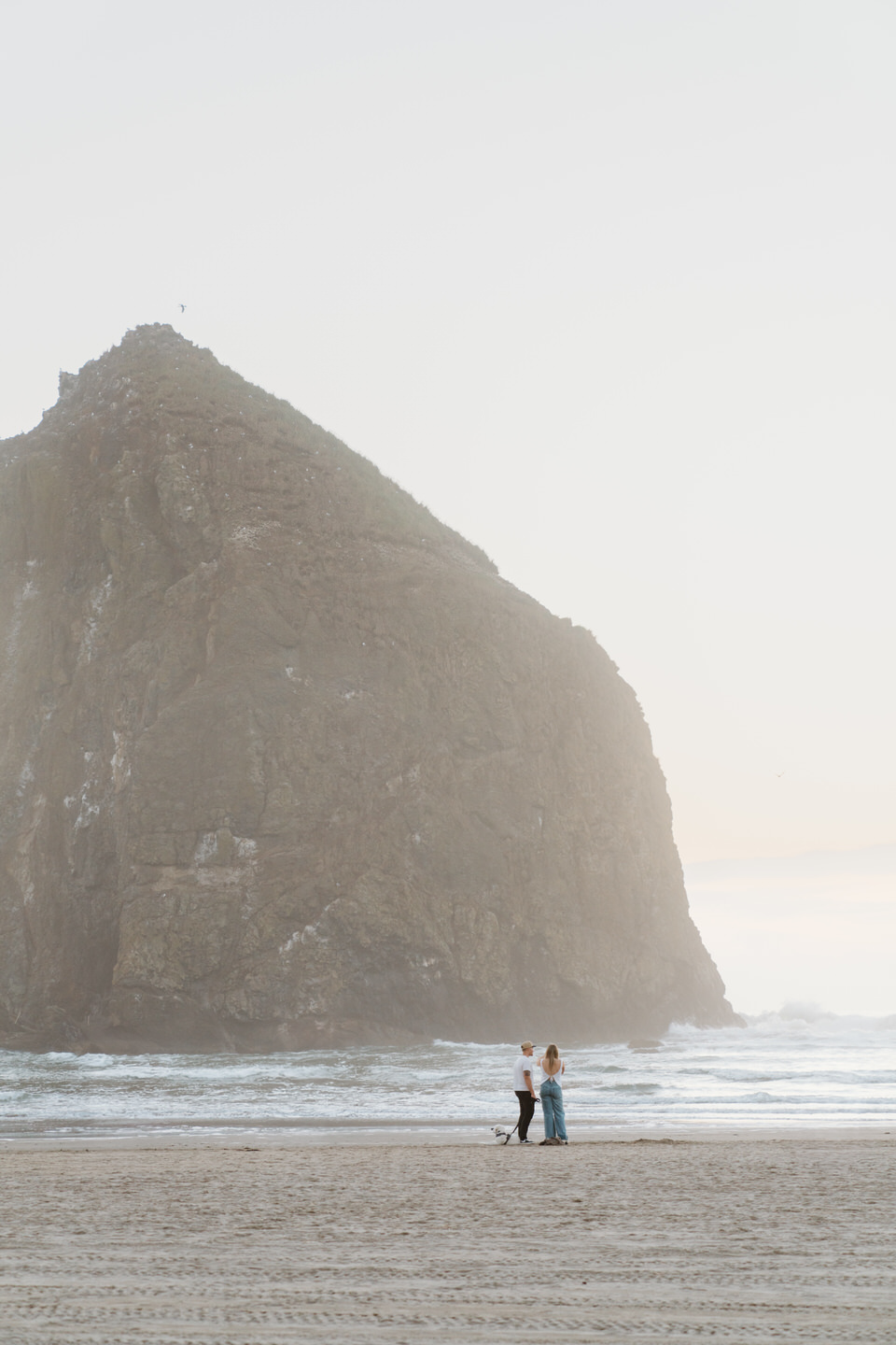 Wide photo of engaged couple in front of Haystack Rock on the Oregon Coast