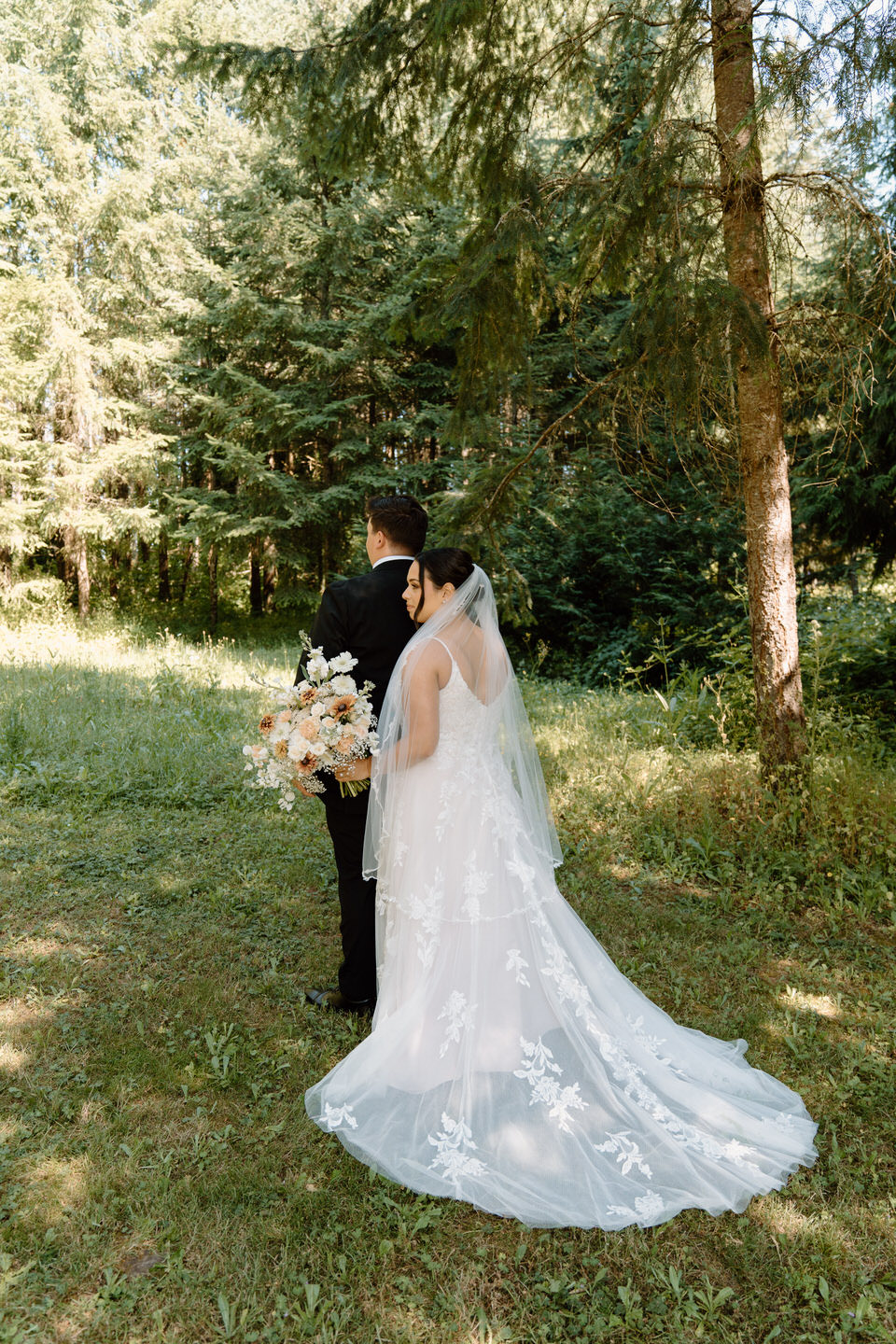 Wedding dress train in the forest