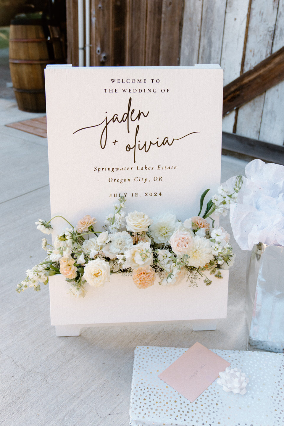 Wedding welcome sign with flower box