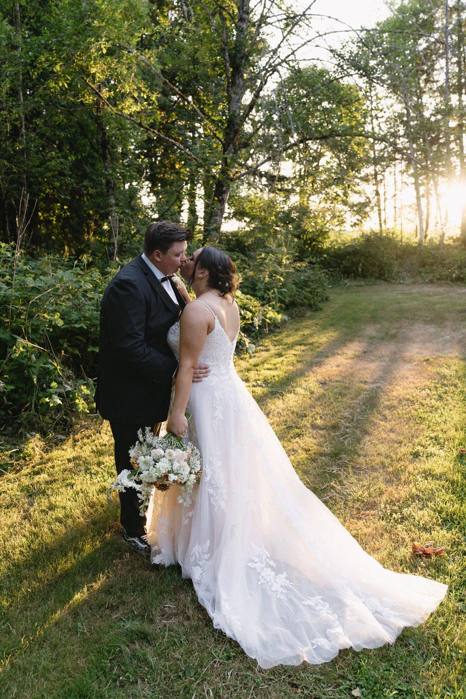 Wedding dress train during golden hour