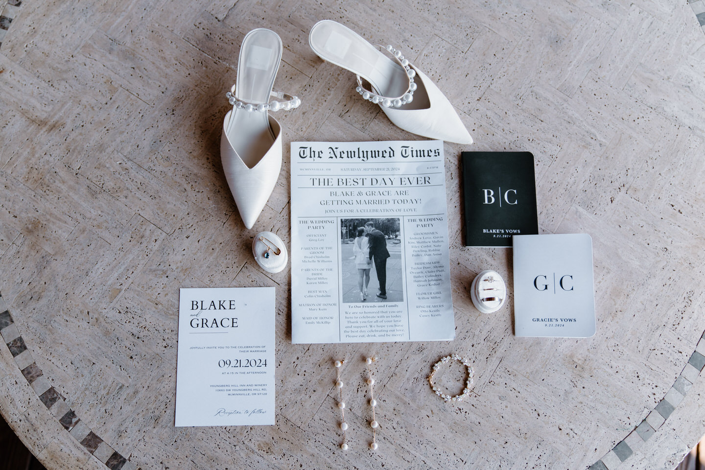 Black and white wedding details with wedding day newspaper