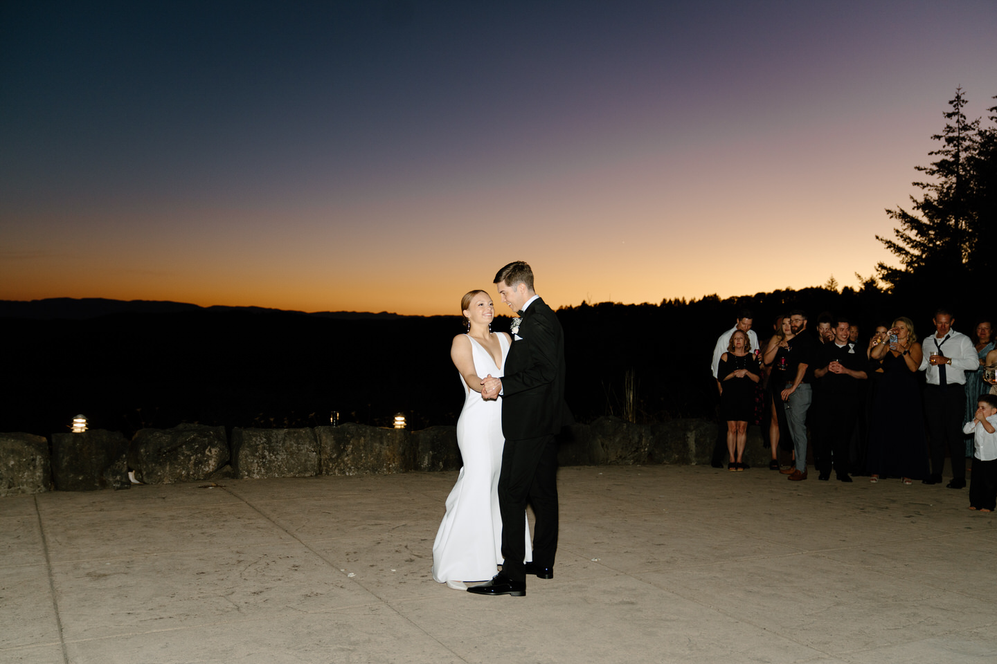 Bride and groom's first dance on the patio at Youngberg Hill