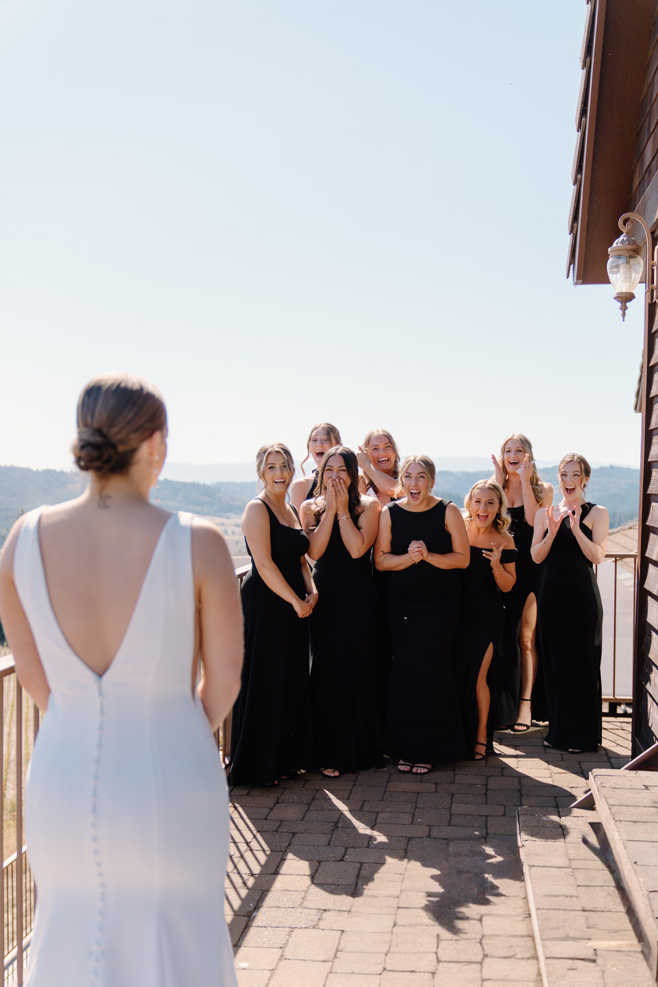 First look with bridesmaids at Youngberg Hill wedding in Oregon's wine country.