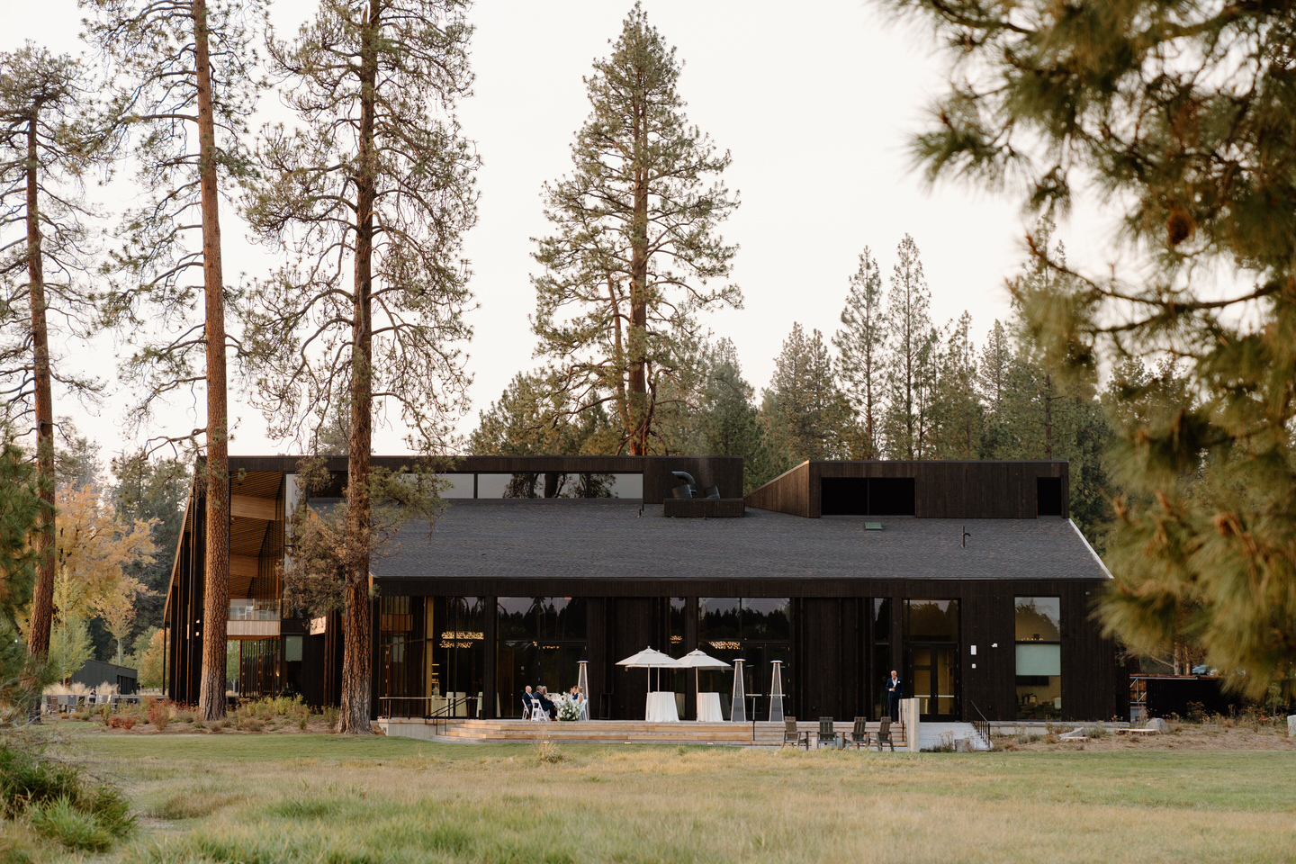 Intimate wedding reception dinner on the deck at Black Butte Ranch.