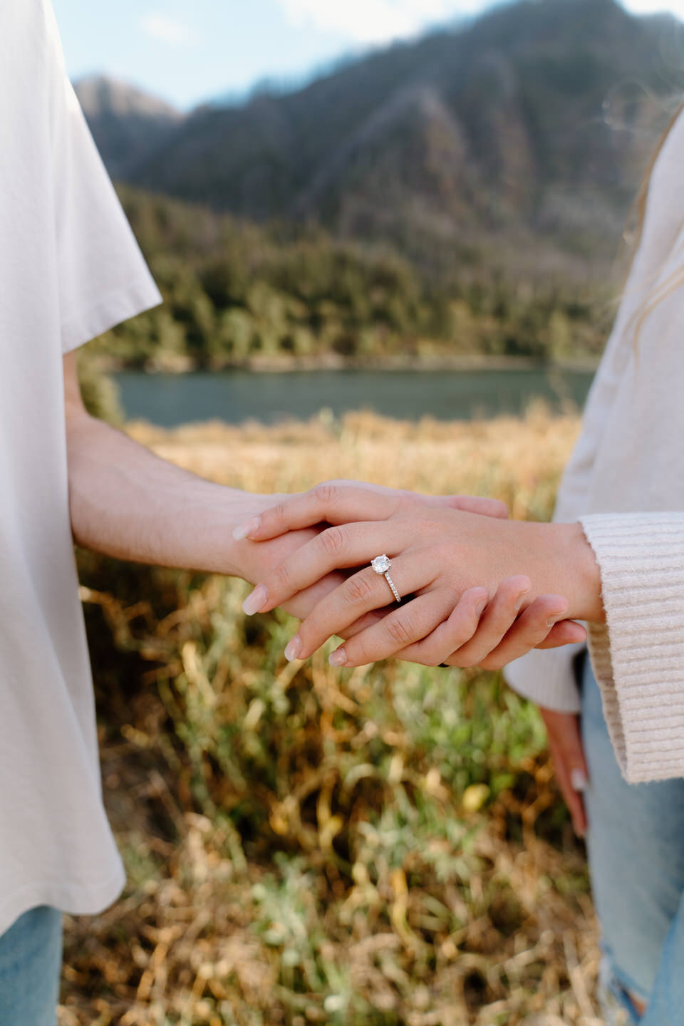 Close-up of an engagement ring as he gently holds her hand, set against the lush greenery of the Columbia Gorge in September.