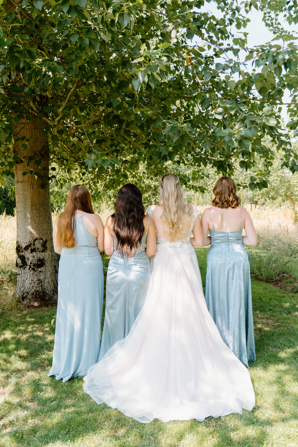 The back of the bride and bridesmaids' blue dresses, with the bride's train on display.