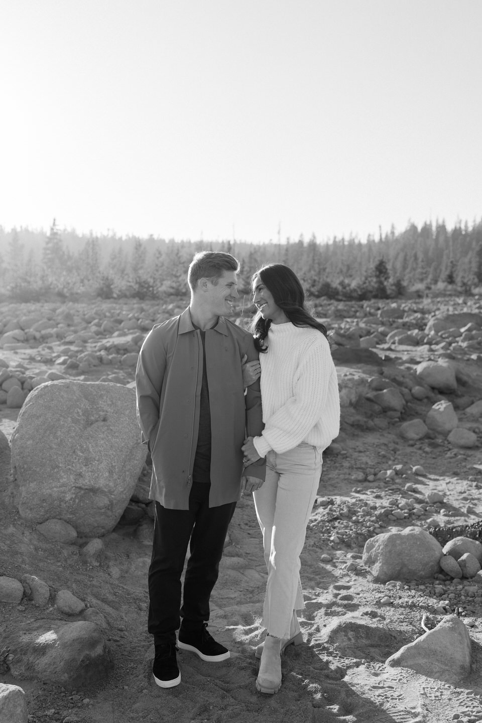 Black and white photo sets the mood for fall Mount Hood engagement photos.