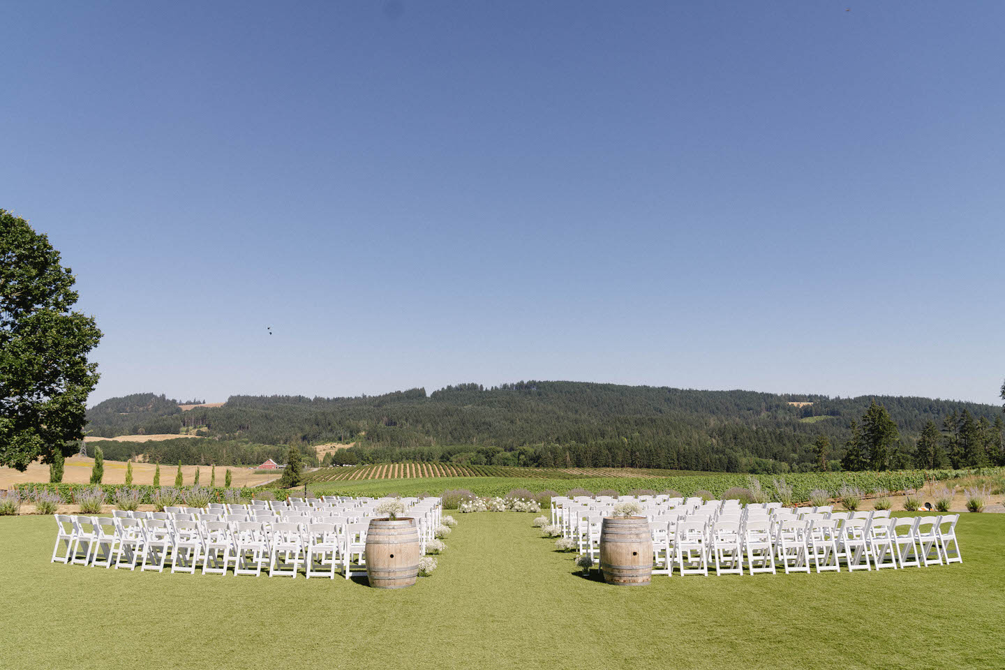 Abbey Road Farm wedding ceremony view setup at one of the best winery wedding venues in Oregon.